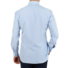 Mazzarelli Light Blue Striped Regular Fit Cotton Shirt Back