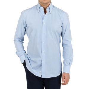 Mazzarelli Light Blue Striped Regular Fit Cotton Shirt Front
