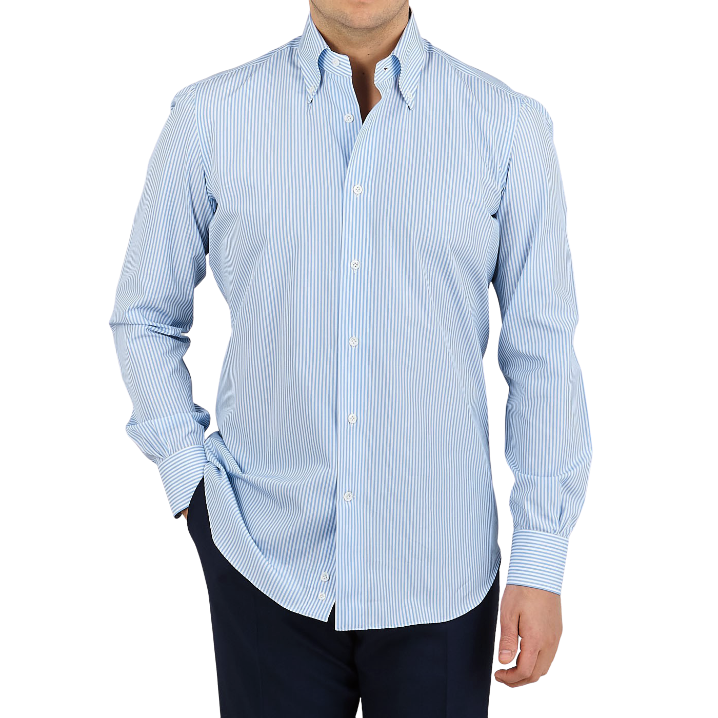 Mazzarelli Light Blue White Striped Slim Cotton Shirt Front