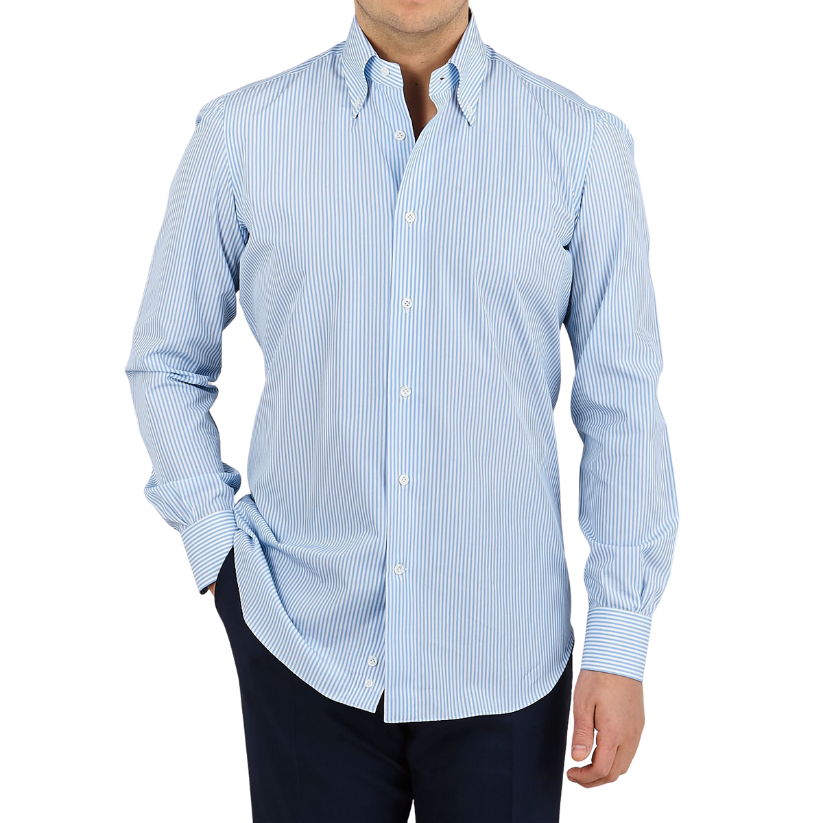 Mazzarelli Light Blue White Striped Slim Cotton Shirt Front