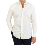 Mazzarelli Off White Cotton Twill BD Regular Shirt Front kopiera
