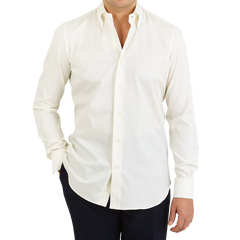 Mazzarelli Off White Cotton Twill BD Regular Shirt Front kopiera