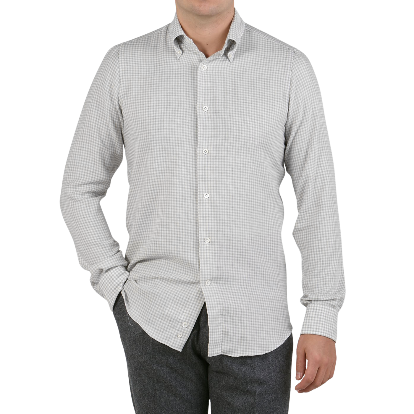 Mazzarelli White Checked Cotton Cashmere BD Slim Shirt Front1