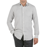 Mazzarelli White Checked Cotton Cashmere BD Slim Shirt Front1