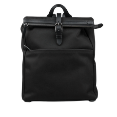 The Eclipse Black M/S Nylon Express Backpack by Mismo is a sleek, waterproof black rectangular bag made from recycled nylon. It includes a front zipper pocket and top buckle, ideal for urban everyday life.