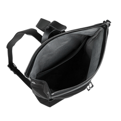 Explore the Mismo Eclipse Black M/S Nylon Express Backpack, designed for urban life with its sleek open black look and gray interior. It boasts multiple compartments, a secure zipper closure, and is crafted from waterproof recycled nylon.