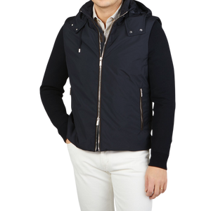 Moorer Navy Blue Down Padded Knitted Sleeve Bomber Feature