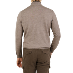 Morgano Taupe Beige Extrafine Merino Wool Mockneck Back