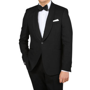 Oscar Jacobson Black Linen Shawl Collar Tuxedo Jacket Front