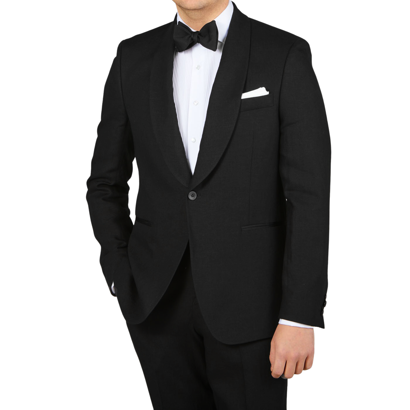 Oscar Jacobson Black Linen Shawl Collar Tuxedo Jacket Front