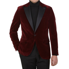 Oscar Jacobson Burgundy Cotton Velvet Frampton Dinner Jacket Front