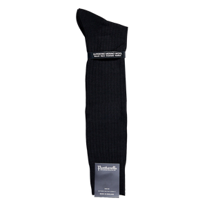 A pair of Pantherella's Black Merino Wool Ribbed Knee Socks, made of merino wool, on a white background.