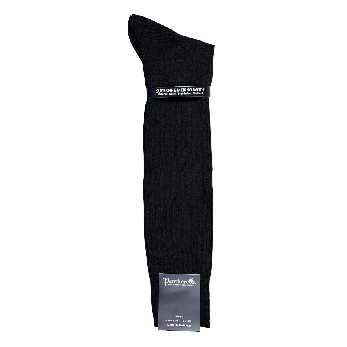 A pair of Pantherella's Black Merino Wool Ribbed Knee Socks, made of merino wool, on a white background.