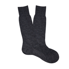 A pair of Charcoal Merino Wool Ribbed Ankle Socks by Pantherella on a white background.