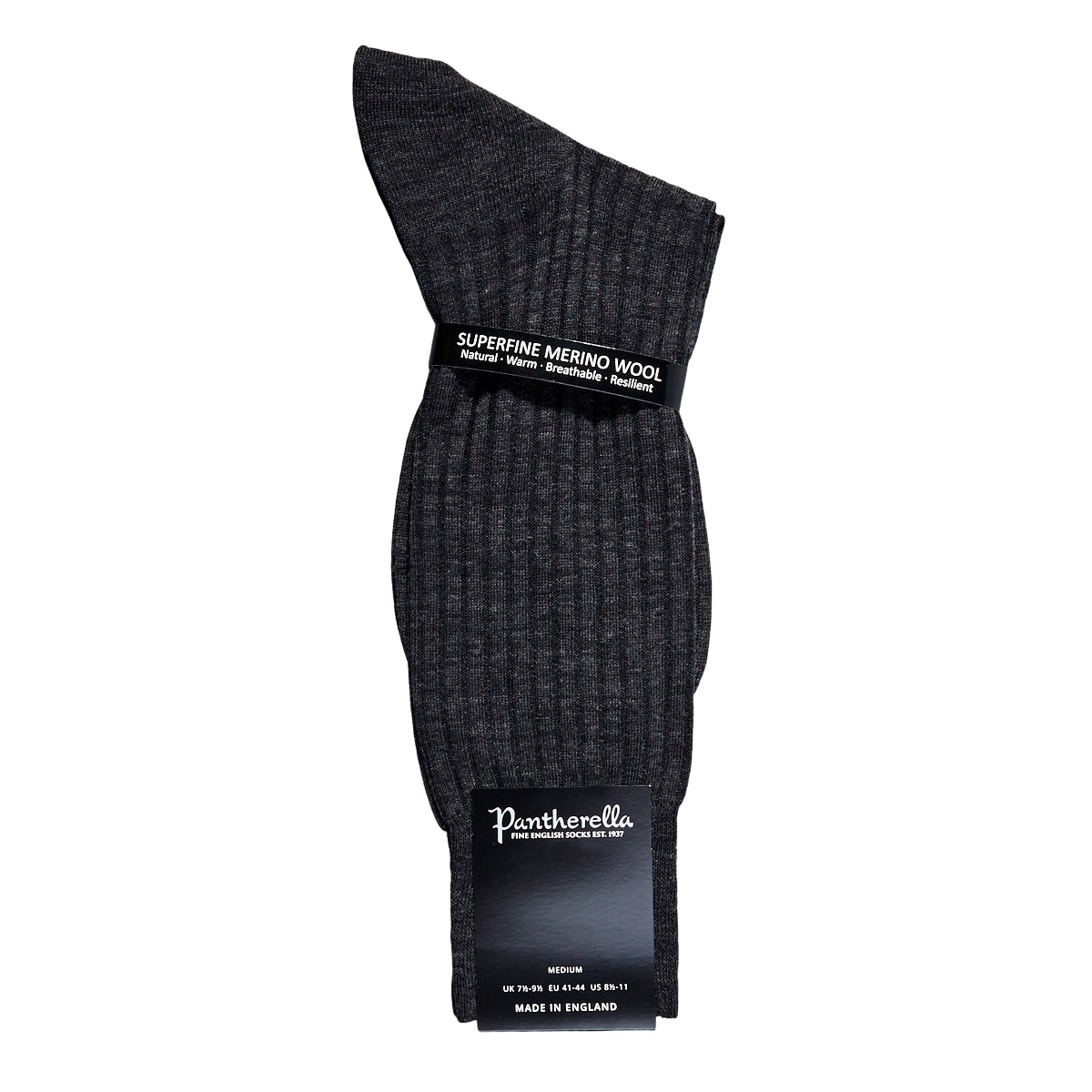A pair of Pantherella Charcoal Merino Wool Ribbed Ankle Socks with a label on them.