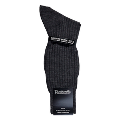 A pair of Pantherella Charcoal Merino Wool Ribbed Ankle Socks with a label on them.