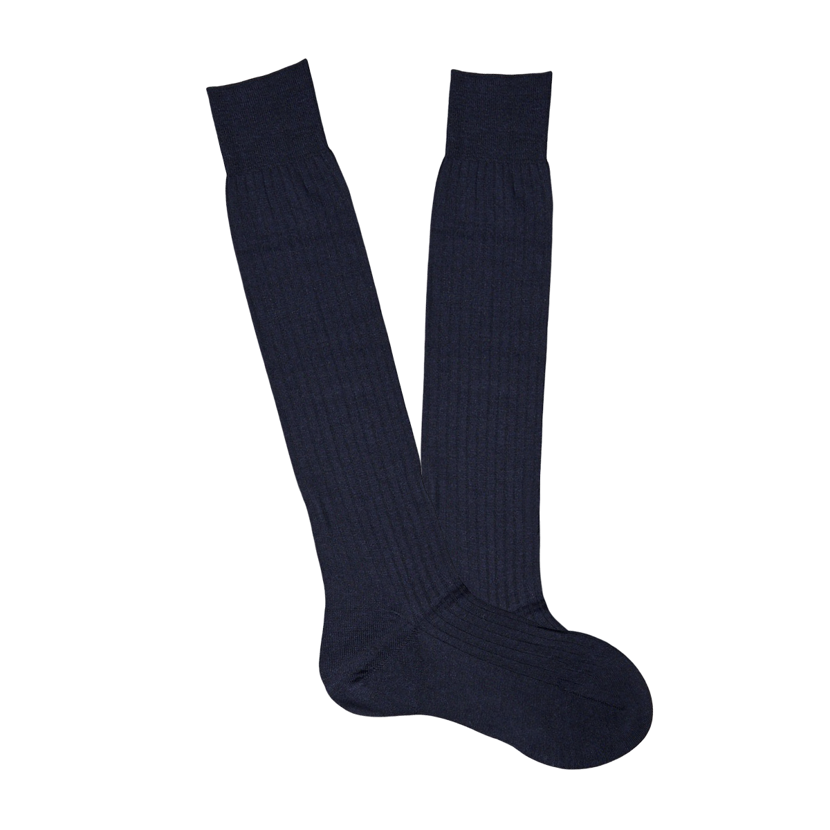 Comfortable Navy Merino Wool Ribbed Knee Socks made by Pantherella on a white background.