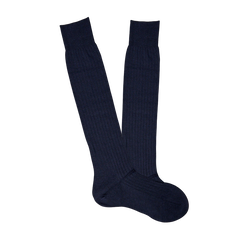 Comfortable Navy Merino Wool Ribbed Knee Socks made by Pantherella on a white background.