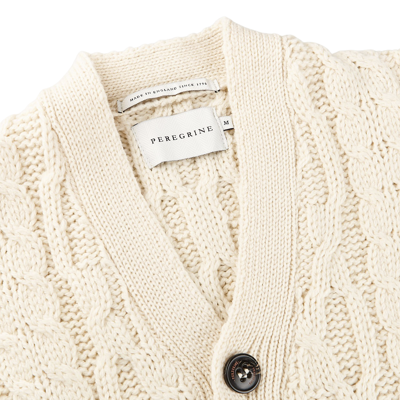 Peregrine Ecru Merino Wool Cable Knit Cardigan Collar