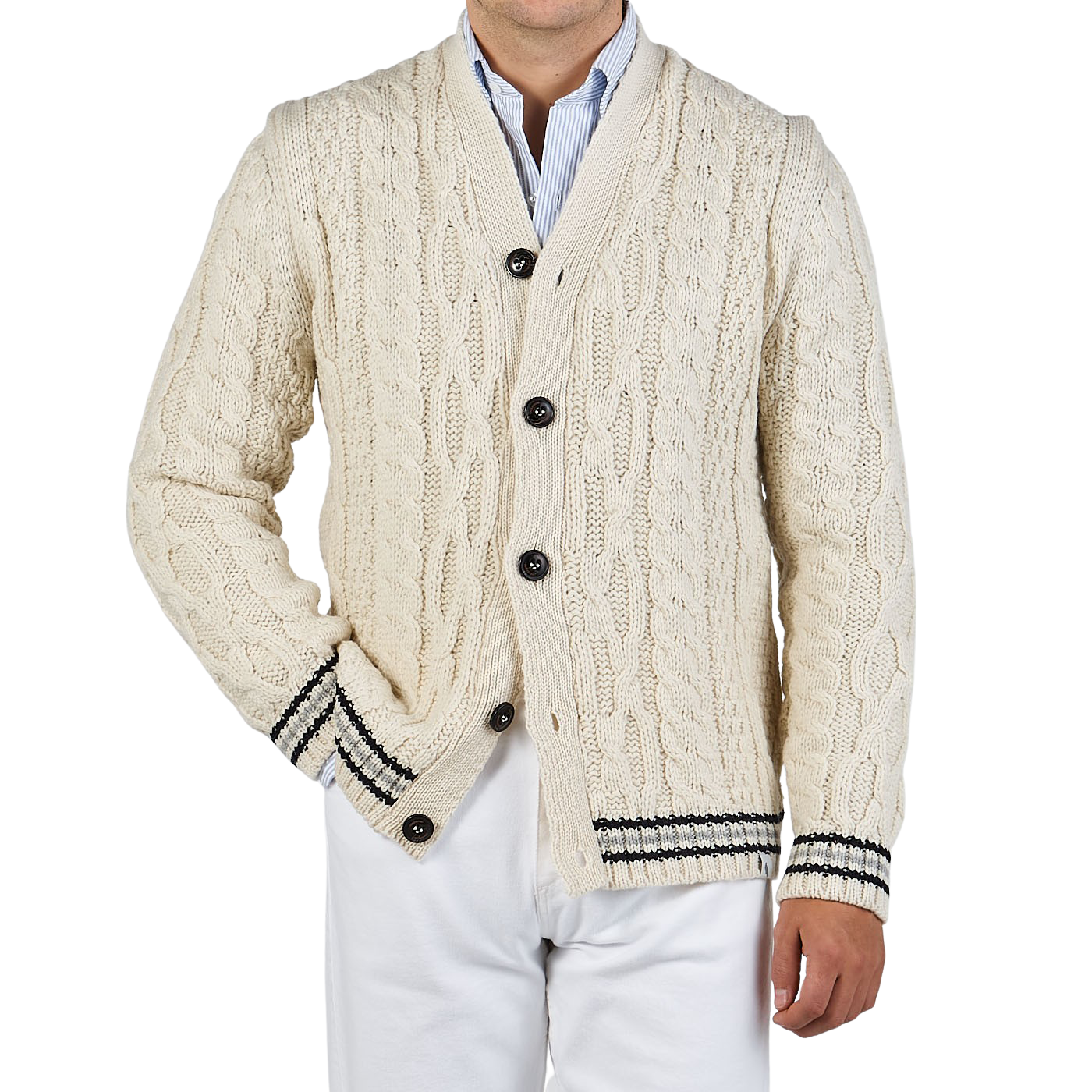 Peregrine Ecru Merino Wool Cable Knit Cardigan Front