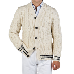 Peregrine Ecru Merino Wool Cable Knit Cardigan Front