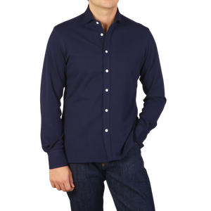 Ring Jacket Navy Blue Cotton Pique Casual Shirt Front