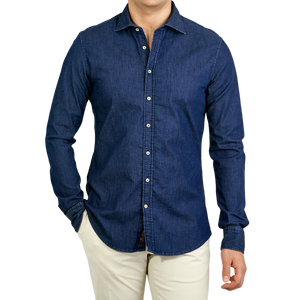 Stenströms Blue Denim Cut-Away Fitted Body Shirt Front