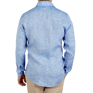 Stenströms Light Blue Linen Cut Away Fitted Body Shirt Back
