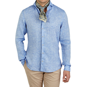 Stenströms Light Blue Linen Cut Away Fitted Body Shirt Front