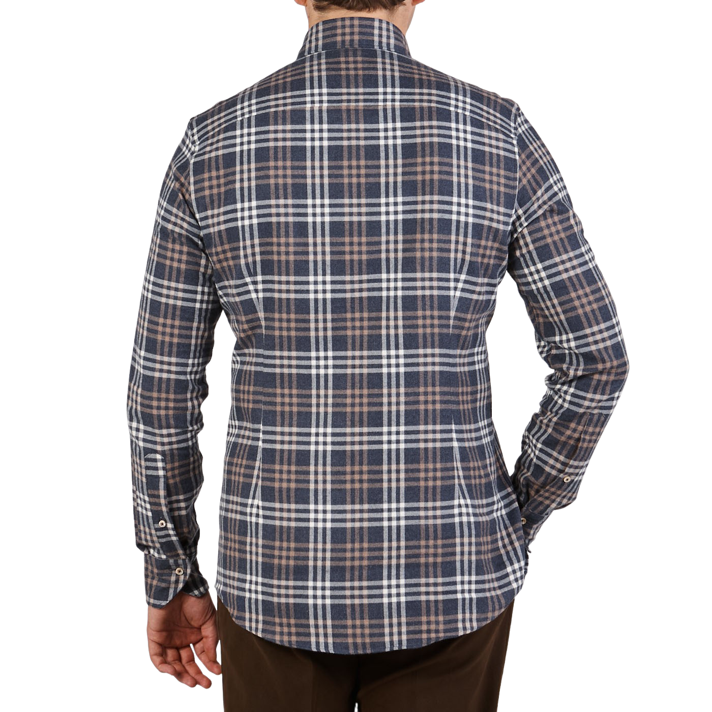 Stenströms Blue Checked Cotton Flannel Slimline Shirt Back