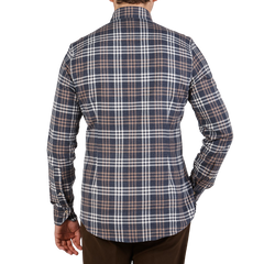 Stenströms Blue Checked Cotton Flannel Slimline Shirt Back