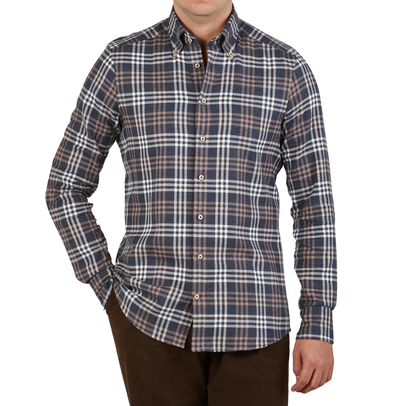 Stenströms Blue Checked Cotton Flannel Slimline Shirt Front