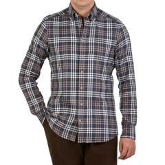 Stenströms Blue Checked Cotton Flannel Slimline Shirt Front