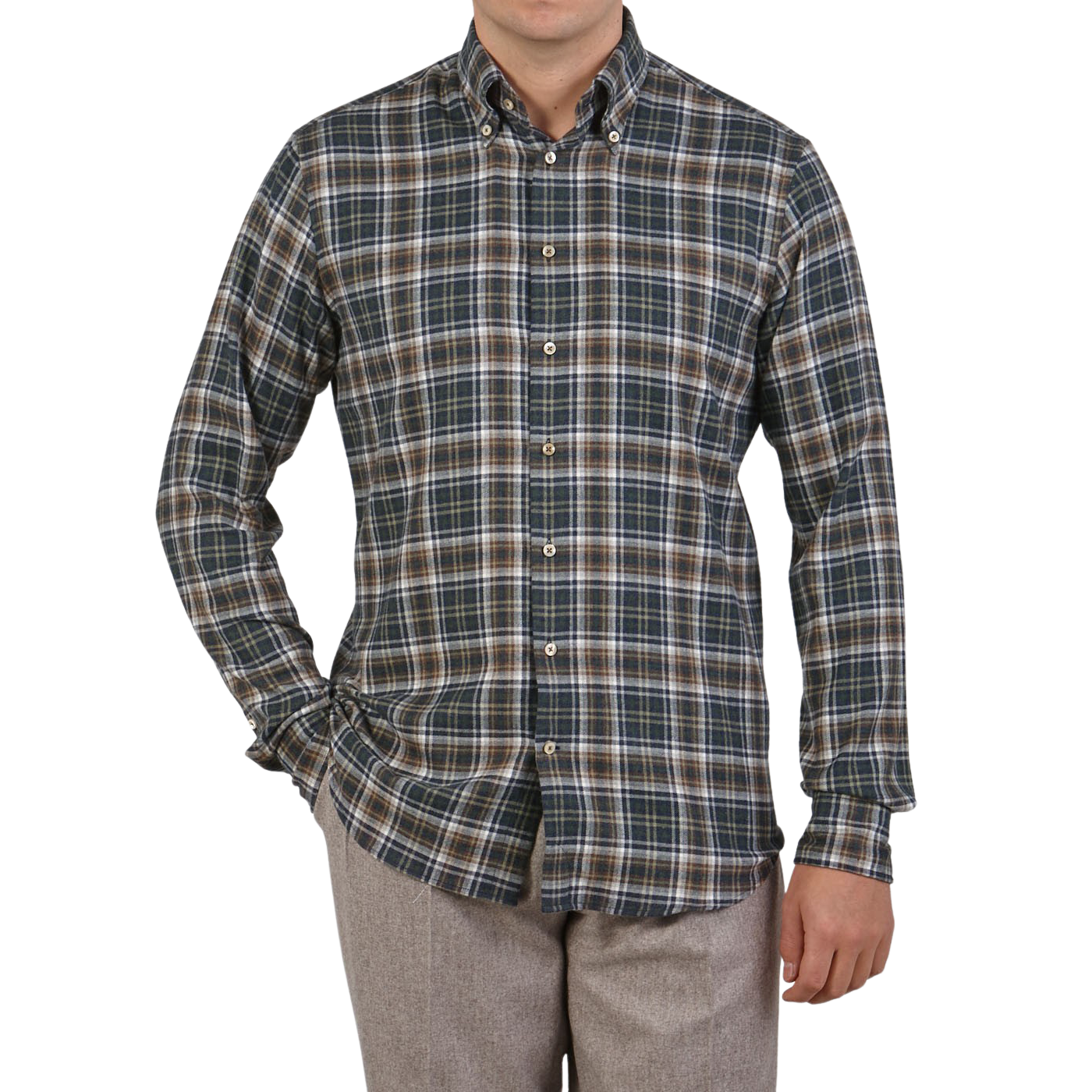 Stenströms Green Checked Cotton Flannel Slimline Shirt Front1