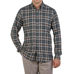 Stenströms Green Checked Cotton Flannel Slimline Shirt Front1