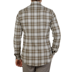 Stenströms Olive Checked Cotton Flannel Slimline Shirt Back