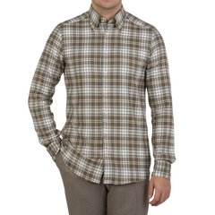 Stenströms Olive Checked Cotton Flannel Slimline Shirt Front