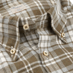 Stenströms Olive Checked Cotton Flannel Slimline Shirt Open