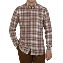 Stenströms Rust Brown Checked Cotton Flannel Slimline Shirt Front