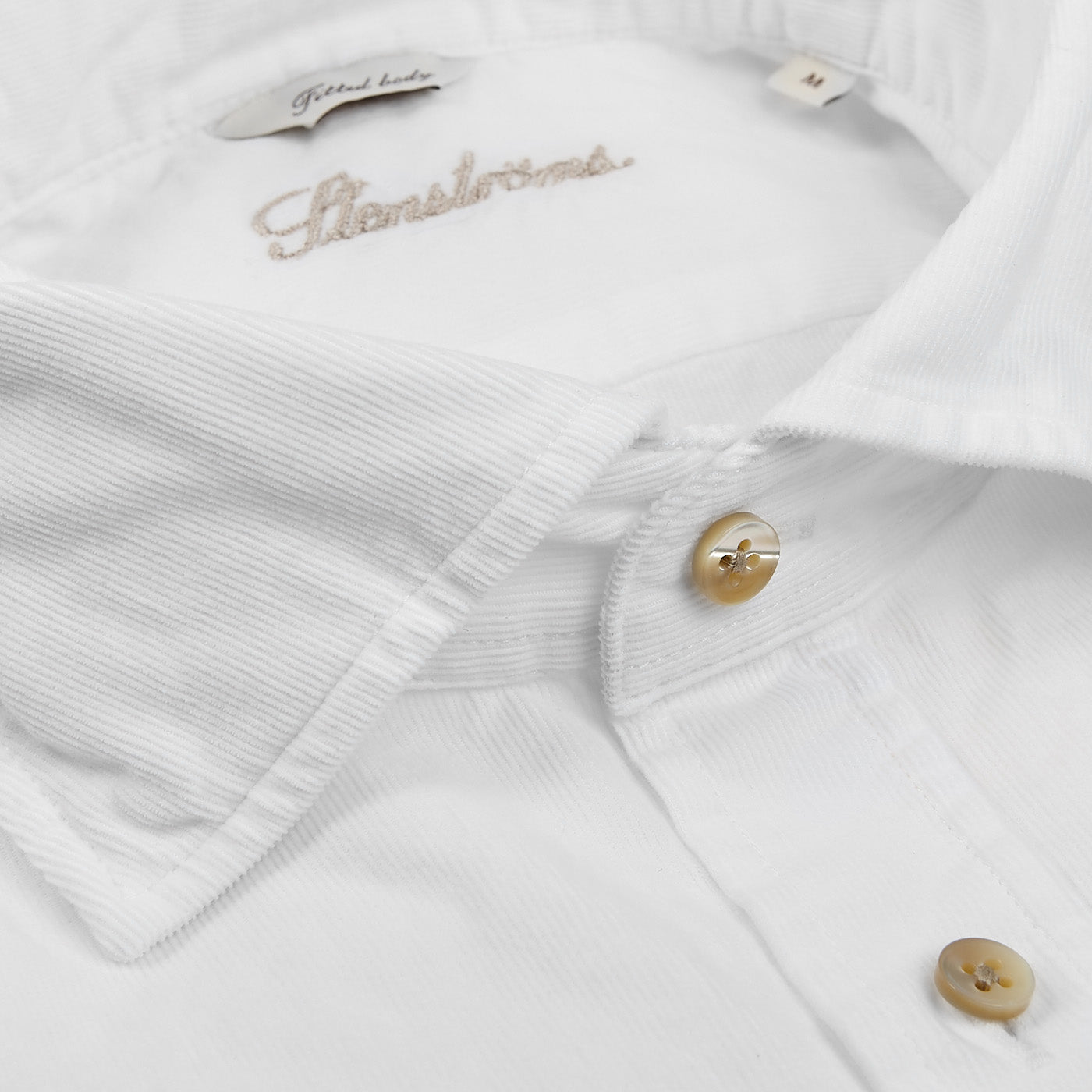 Stenströms White Cotton Corduroy Fitted Body Shirt Collar