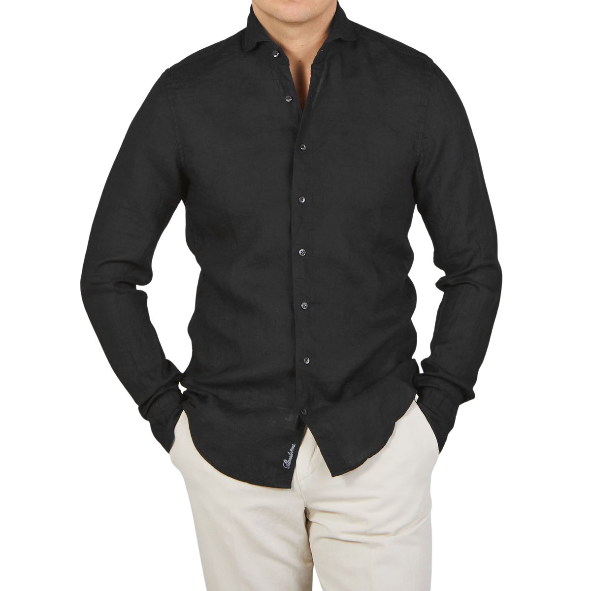 Stenströms Black Linen Cutaway Slimline Shirt Front