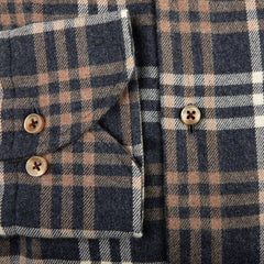 This close-up showcases the Blue Checked Cotton Flannel Slimline Shirt by Stenströms, made of brushed cotton twill with a pocket and two-button detail.