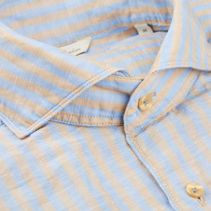 Stenströms Blue Striped Cotton Linen Slimline Shirt Collar
