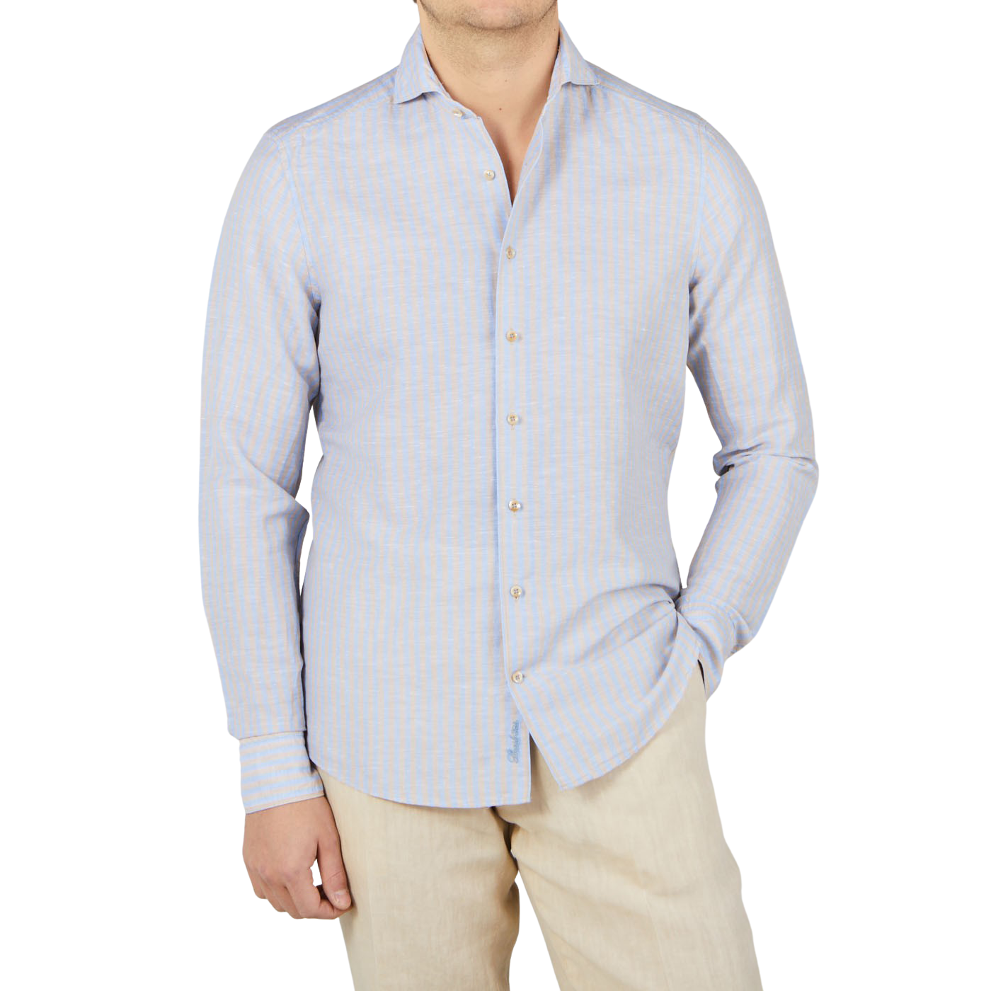 Stenströms Blue Striped Cotton Linen Slimline Shirt Front