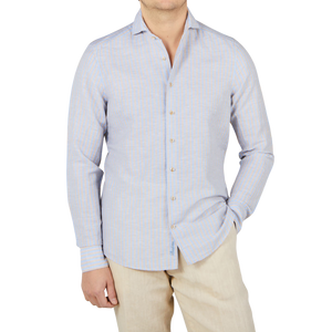 Stenströms Blue Striped Cotton Linen Slimline Shirt Front