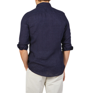 Stenströms Dark Blue Linen Cutaway Slimline Shirt Back
