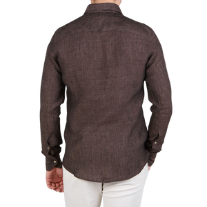 Stenströms Dark Brown Linen Cutaway Fitted Body Shirt Back