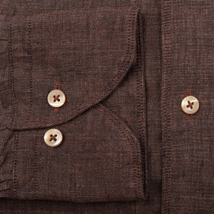 Stenströms Dark Brown Linen Cutaway Fitted Body Shirt Cuff