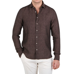 Stenströms Dark Brown Linen Cutaway Fitted Body Shirt Front