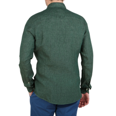 Stenströms Green Linen Cutaway Fitted Body Shirt Back